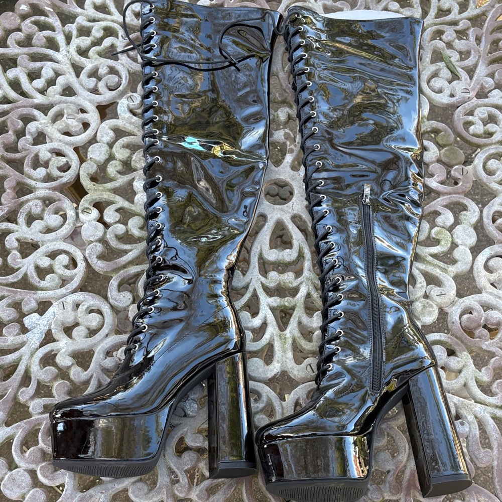 Shiny Black Patent Platform Lace-Up Over-the-Knee Boots